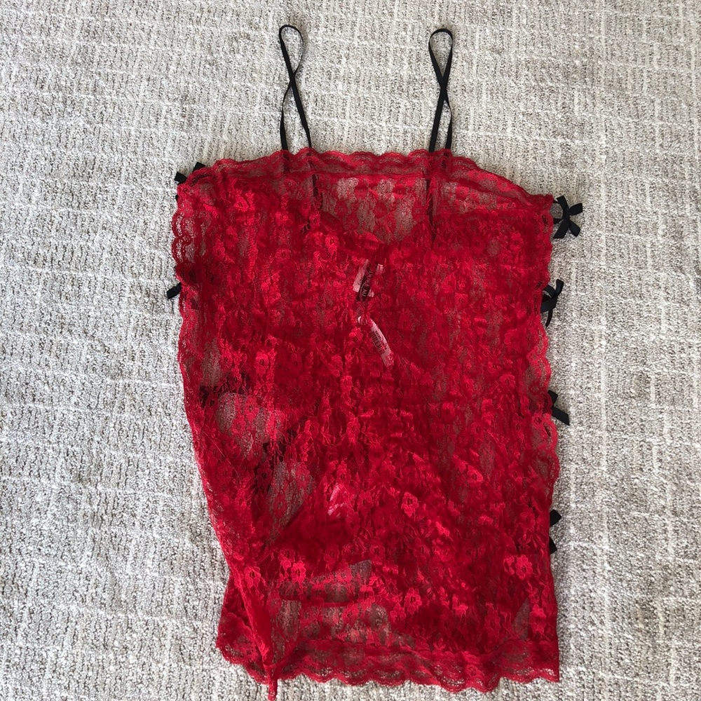 Red lace lingerie with side bow ties
